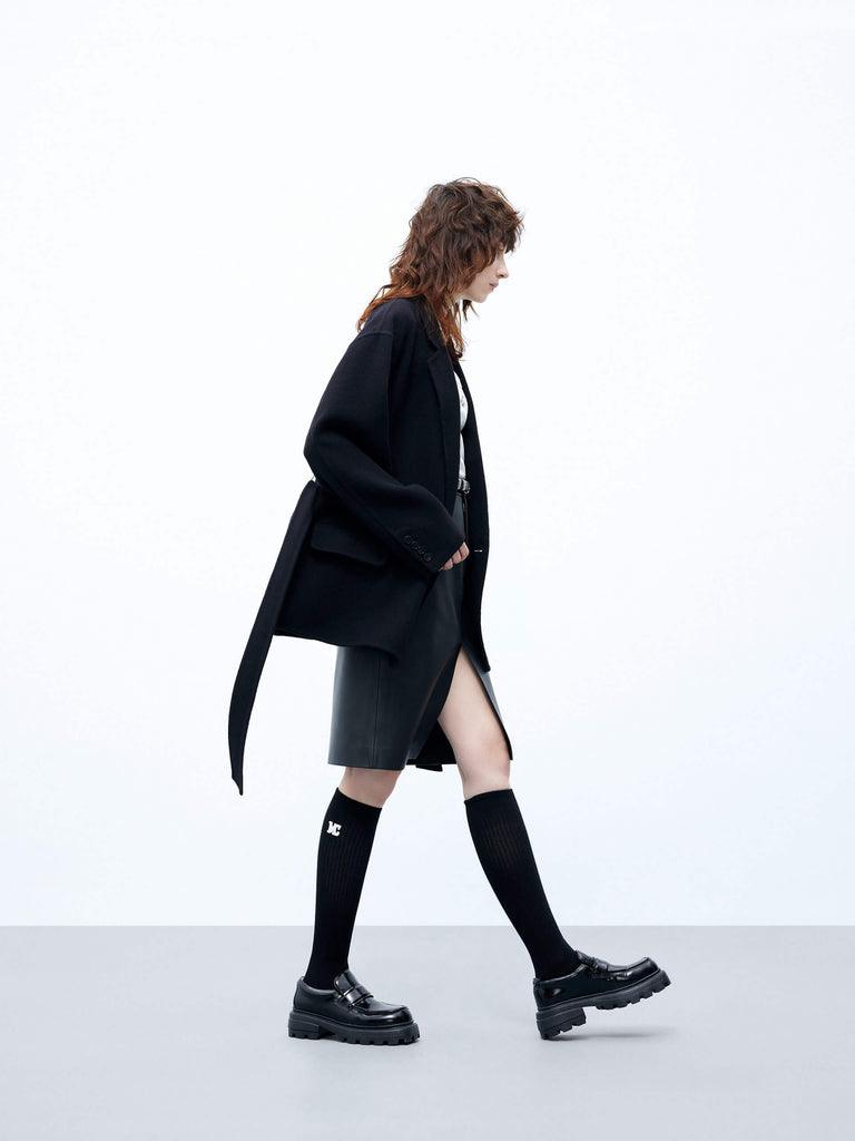MO&Co. Women's Black Wool Structured Blazer Coat with Belt Autumn