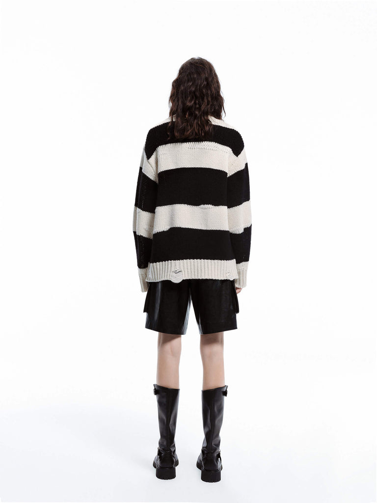 MO&Co. Women's Striped Relaxed Distressed Wool Cashmere Yak Blend Cardigan in Black and White