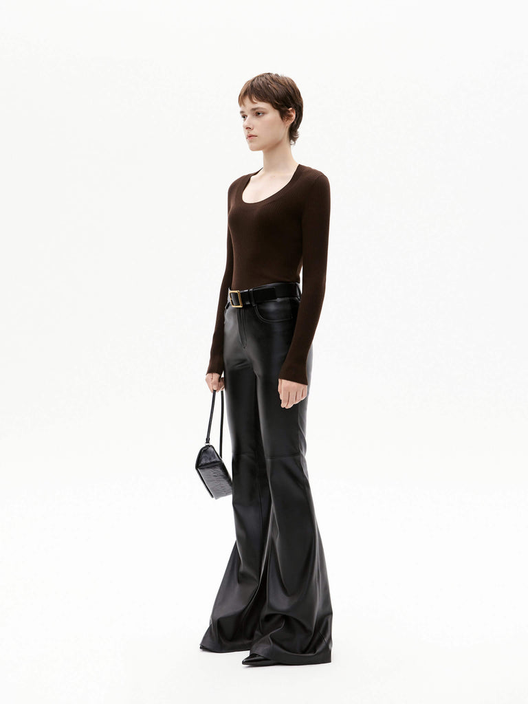 MO&Co. Women's Merino Fine Rib Knit Top Long Sleeves in Brown