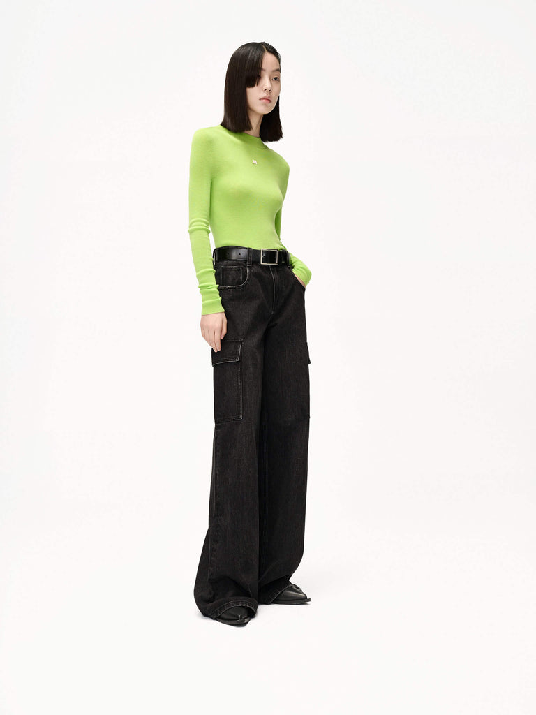 MO&Co. Women's Black Full Length Wide Leg Cargo Jeans in Cotton