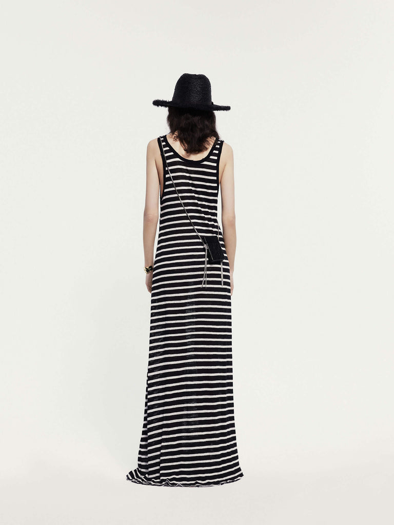 MO&Co. Noir Women's Striped Linen Maxi Tank Dress. Made from breathable linen, this dress features a U-shaped neckline with distressed details for a casual-chic vibe.