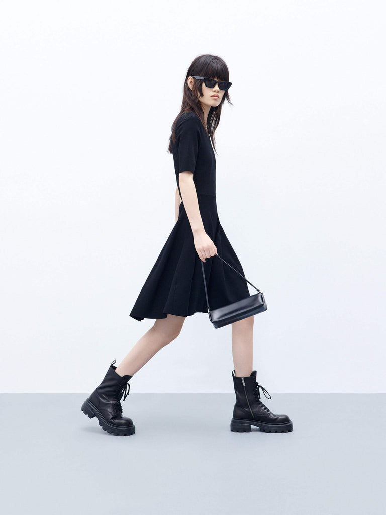 MO&Co. Women's Cut Out Back Short Sleeve Little Black Midi Dress