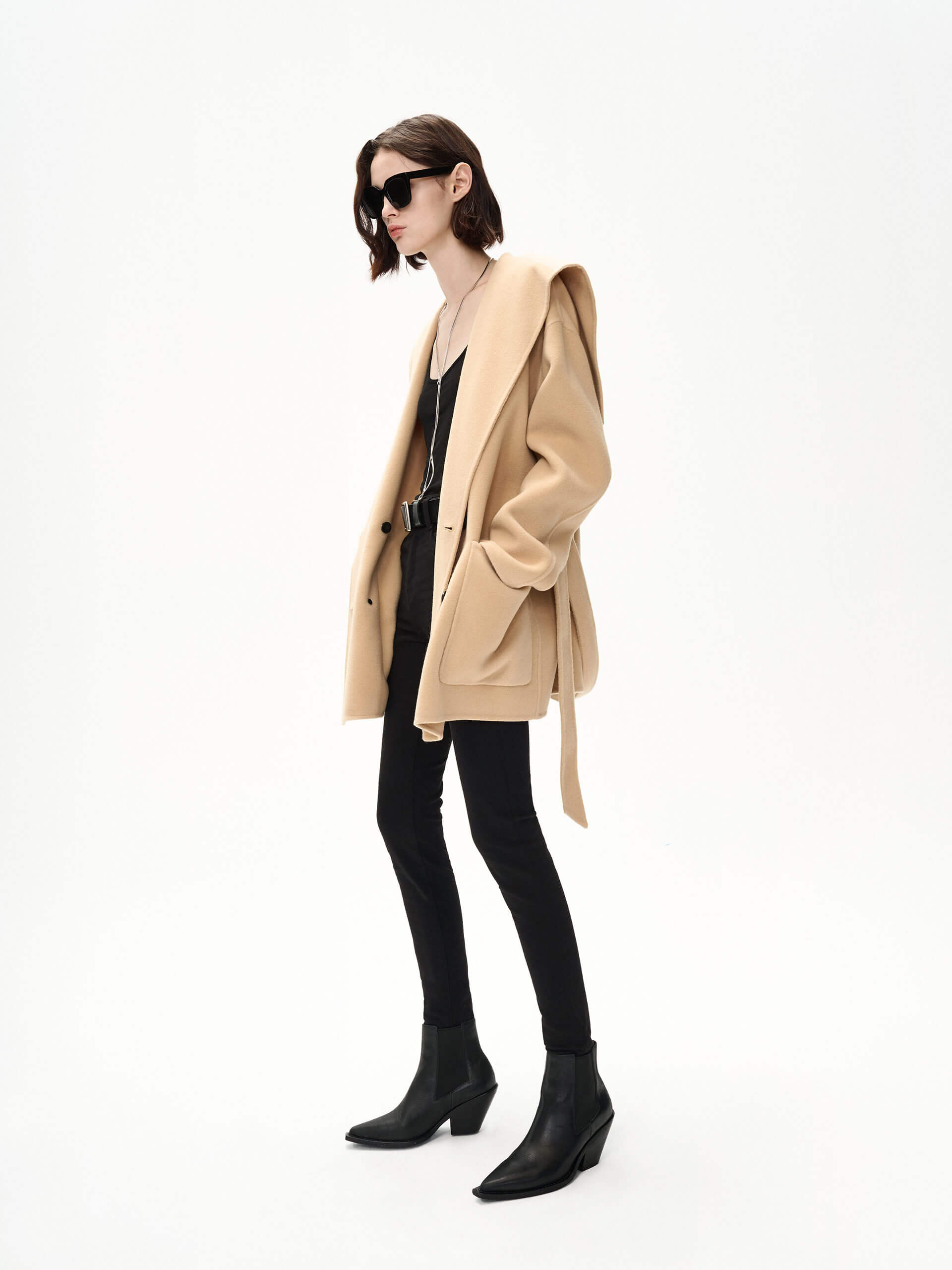 MO&Co. Women's Wide Collar Double Faced Wool Short Coat with Belt in Camel