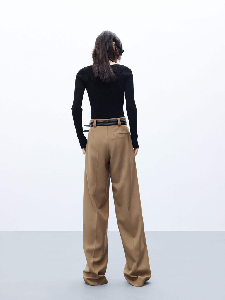MO&Co. Women's Brown Wool Blend Pleated Wide Leg Pants with Belt 