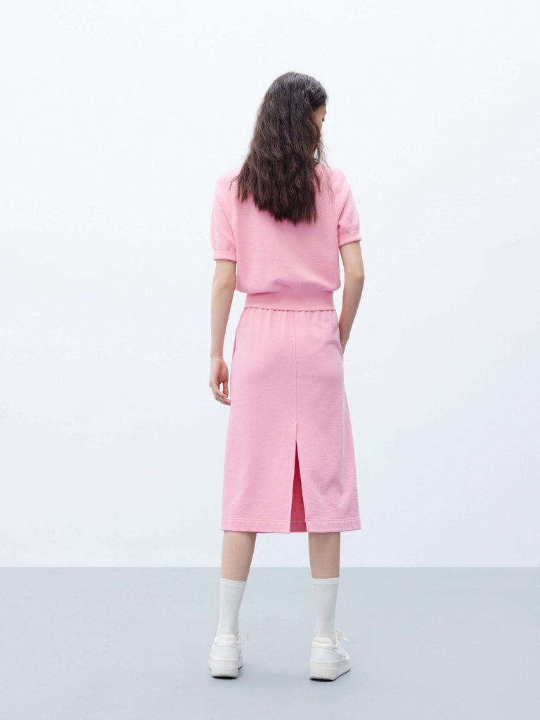 MO&Co. Women's Drawstring Waist Back Slit Casual Straight Midi Skirt Cotton in Pink