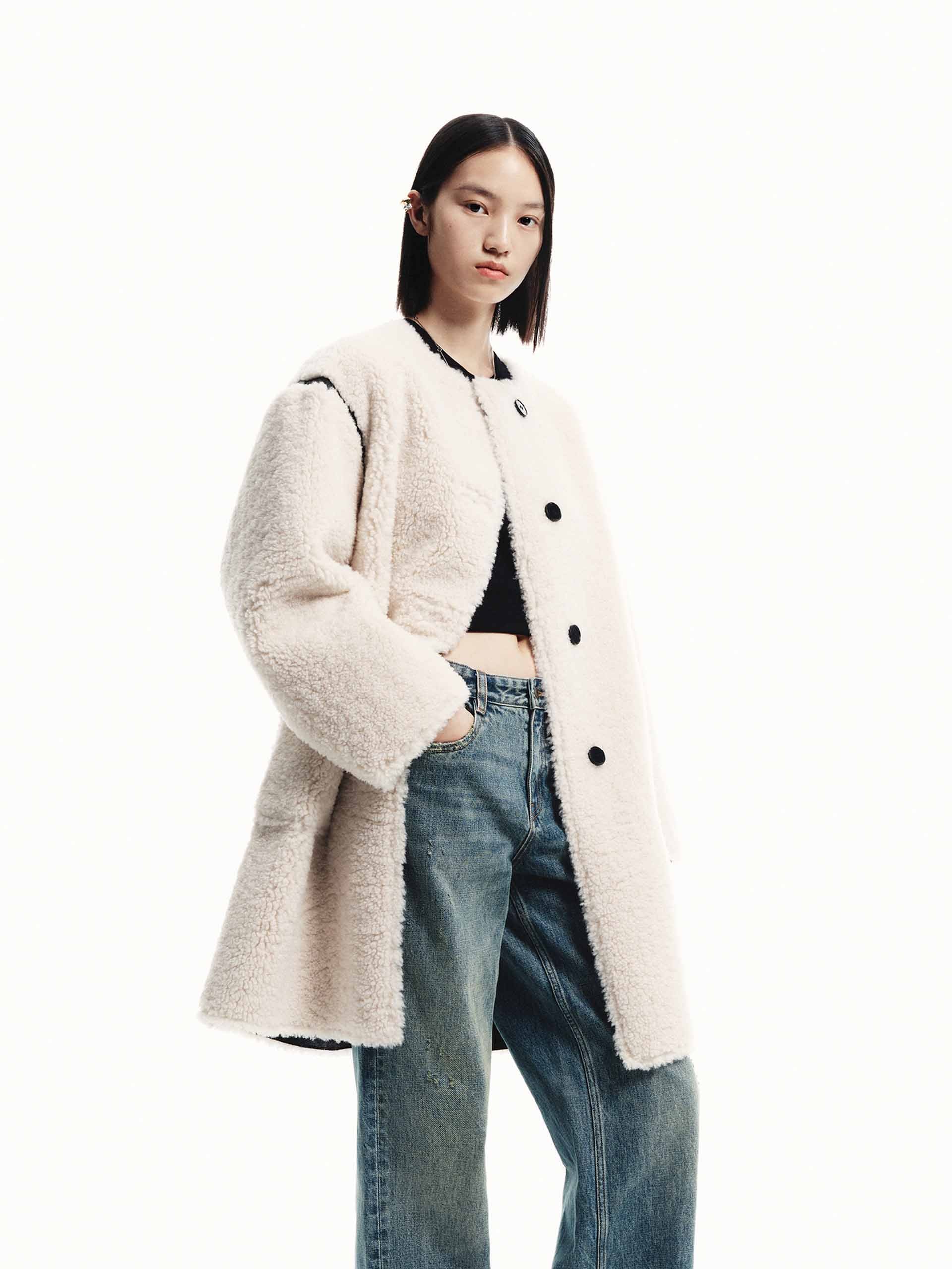モココ MO&Co. Women's Faux Shearling Midi Coat