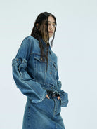 MO&Co. X Coperni Collection | Women's Paneled Open Elbow Blue Denim Jacket