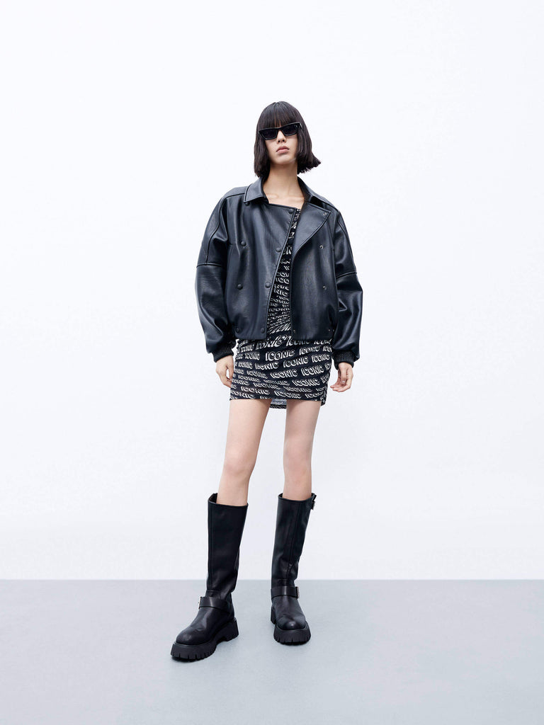 MO&Co. Women's Black Zip Up Faux Leather Oversized Bomber Jacket