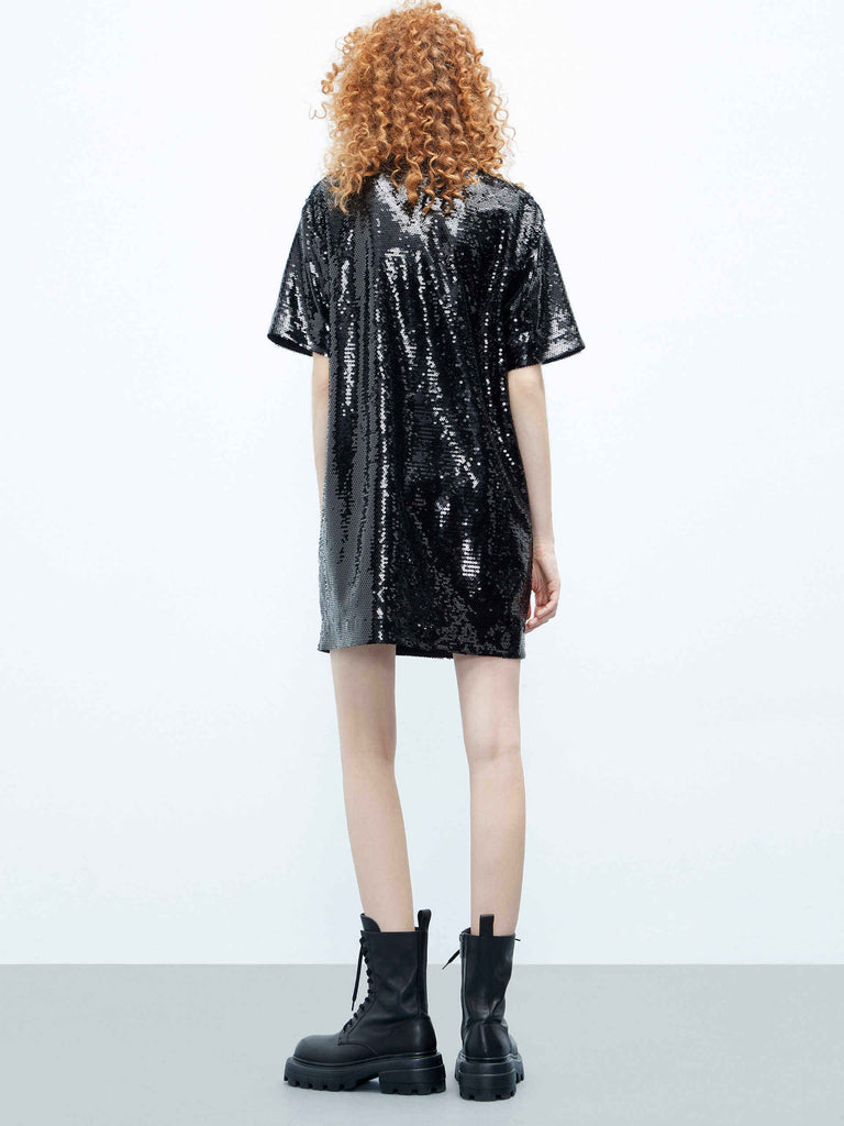 MO&Co. Women's Black Sequin T-shirt Party Dress Pullover with Letter
