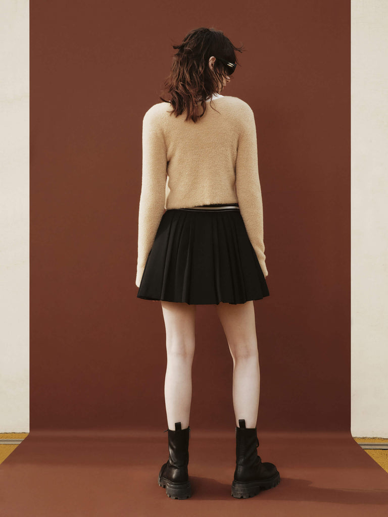 MO&Co. Women's Black Elastic Waist A-line Pleated Mini Skirt