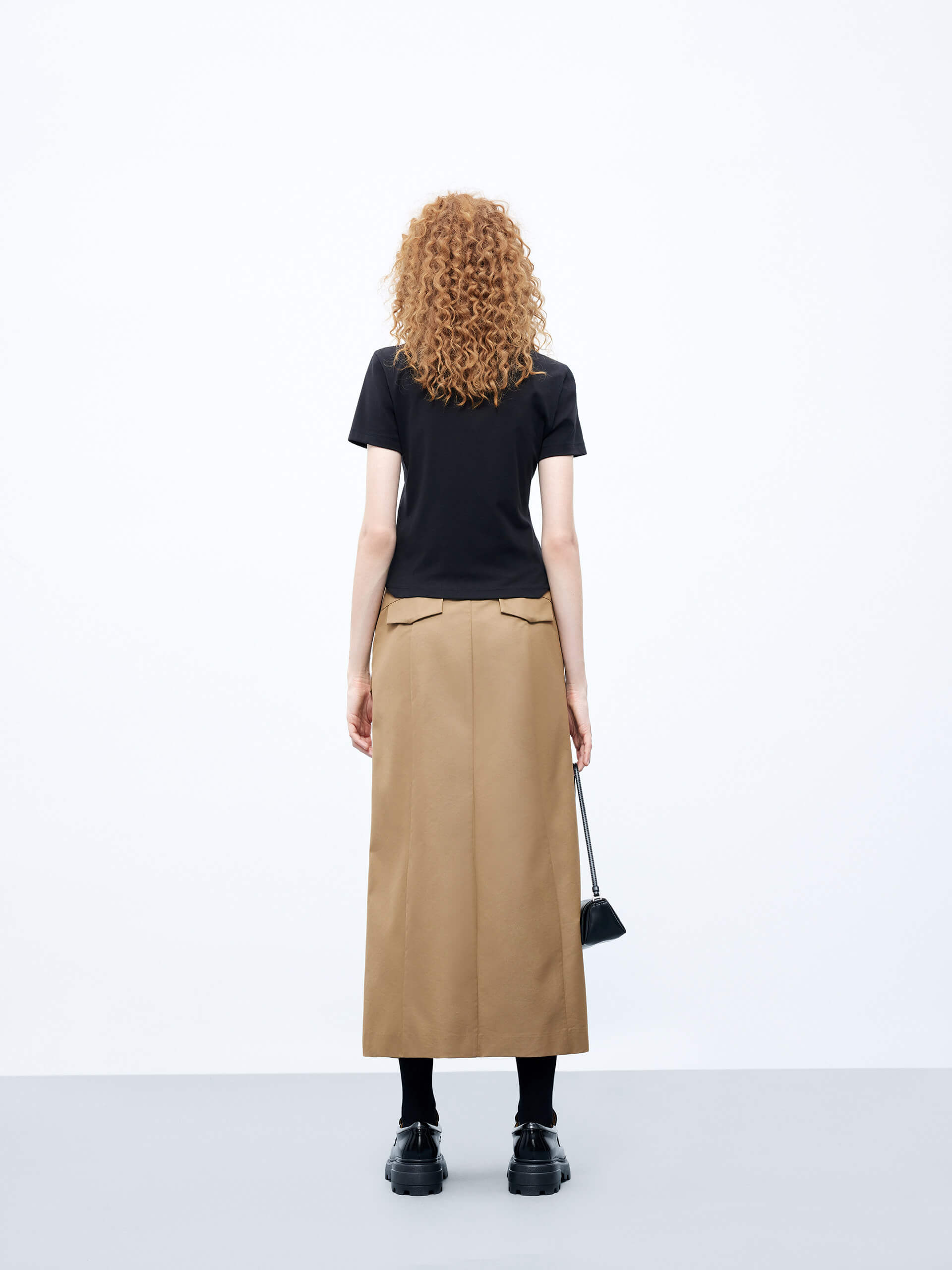 MO&Co. Women's Front Slit Belted Cargo Midi Skirt Urbancore in Camel/Khaki