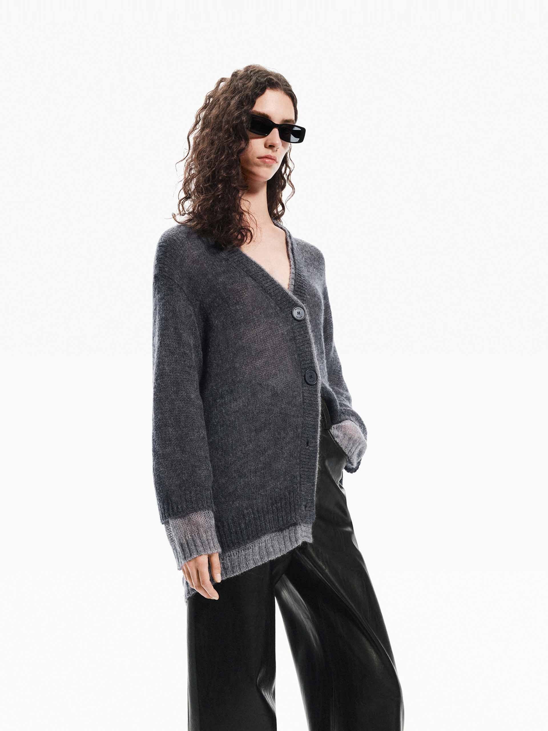 MO&Co. Women's V Neck Brushed Mohair Blend Layer Loose Cardigan in Grey