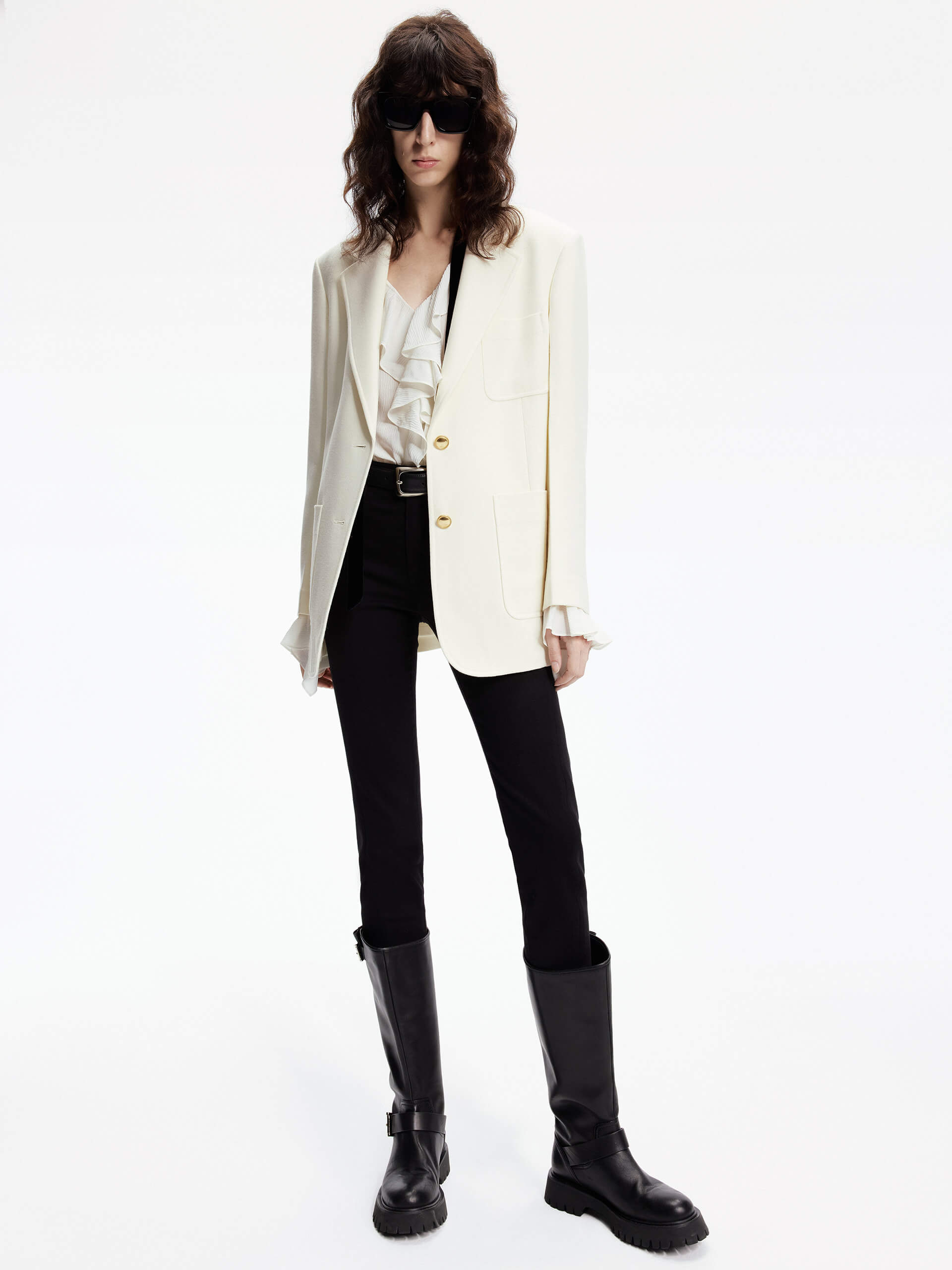 MO&Co. Women's Single Breasted Wool Blend Textured Tailored Blazer in Cream with multi pockets