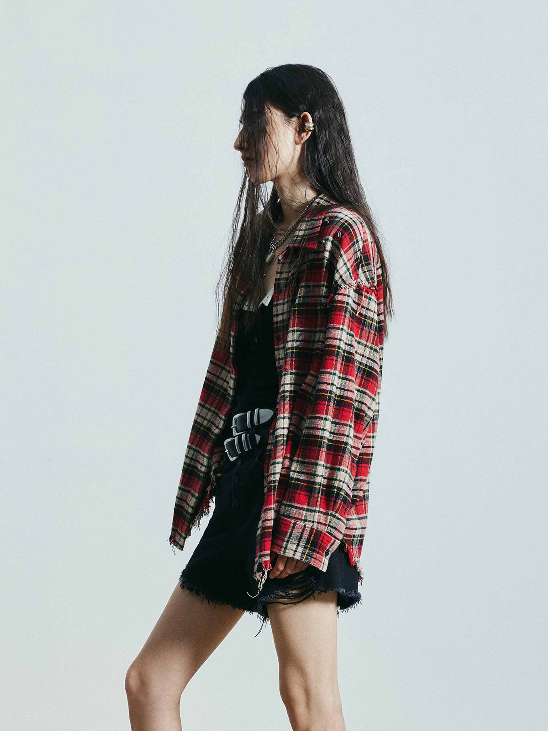 MO&Co. Women's Crystal Detail Plaid Shirt with Raw Edge