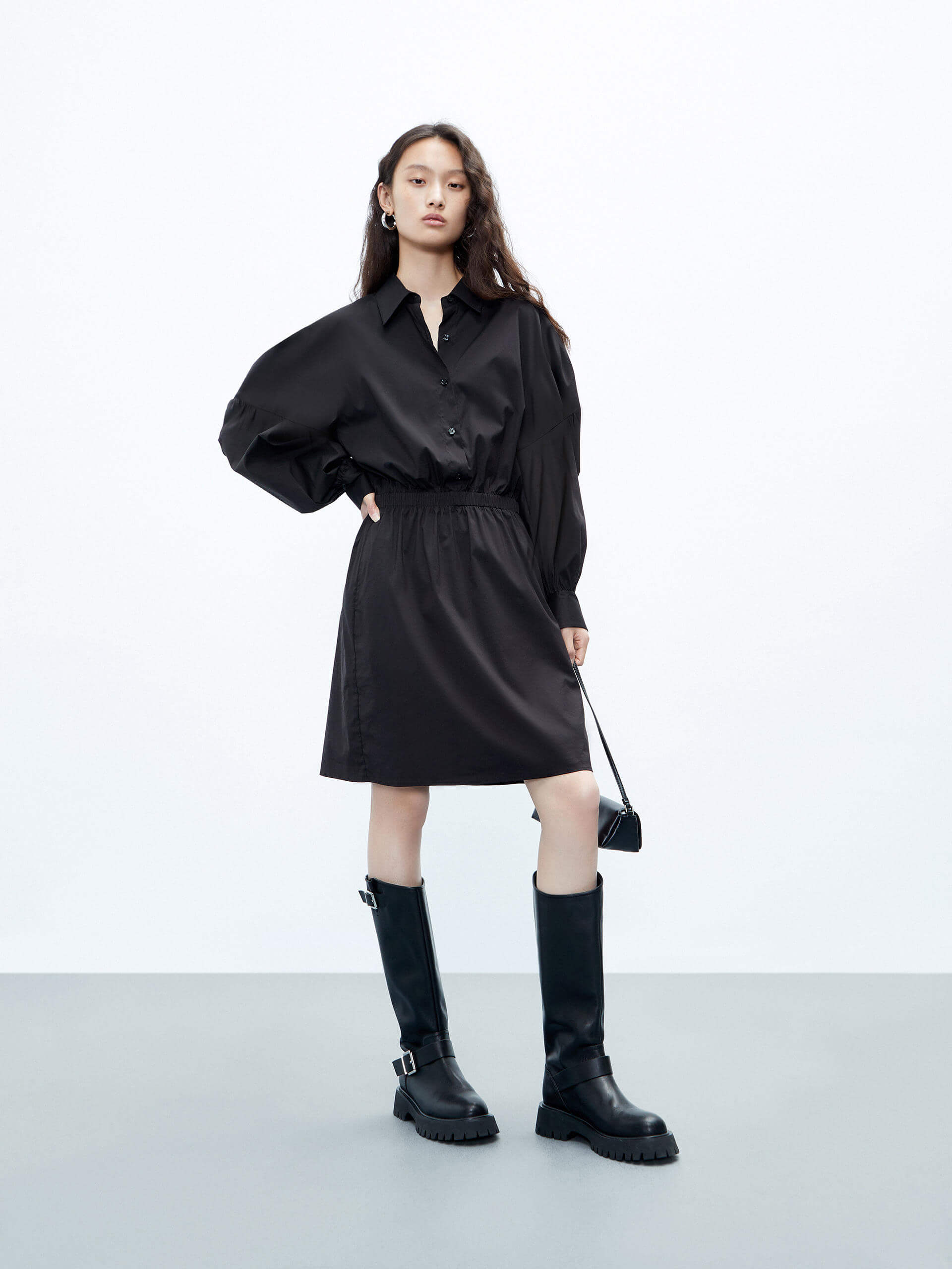 MO&Co. Women's Black Cut Out Detail Mini Shirt Dress with Long Sleeve