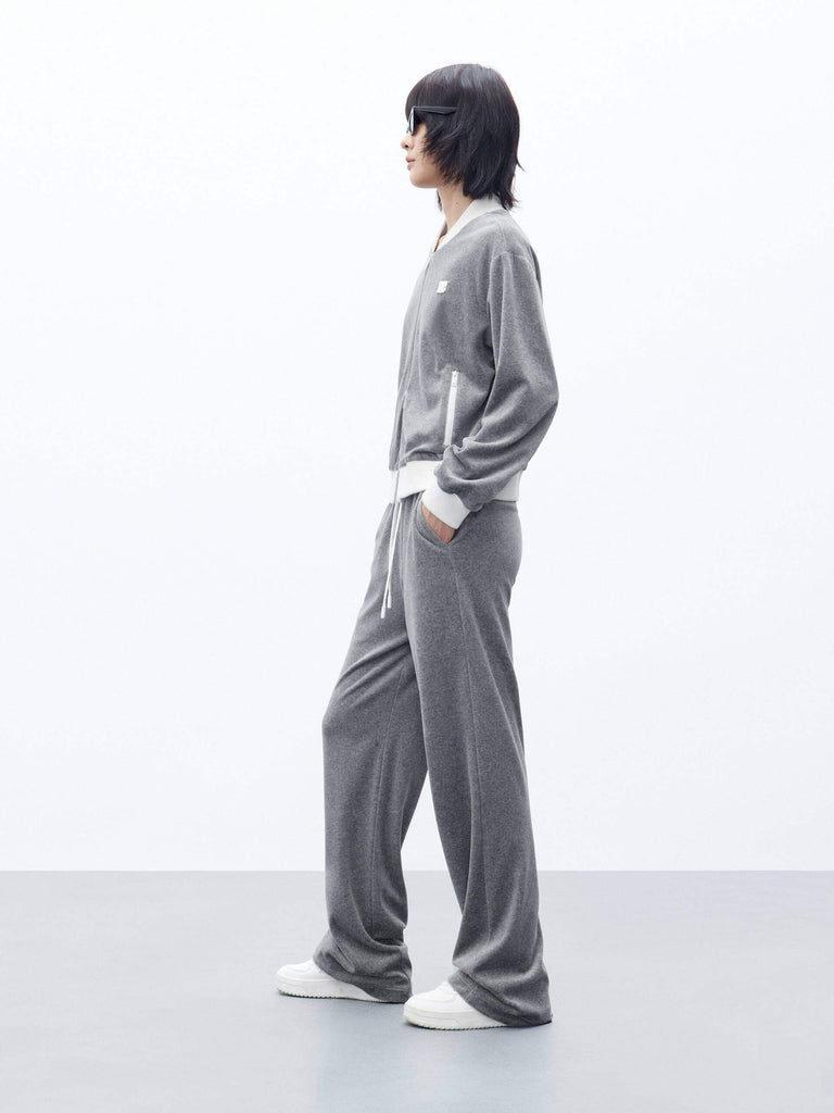 MO&Co. Women's Drawstring Waist Wide Straight Leg Velvet Pants Solid in Grey