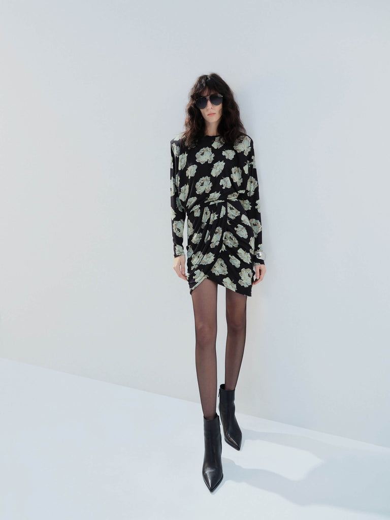 MO&Co. Noir Women's Floral Printed Long Sleeves Retro Mini Dress with padded shoulders, and a draped, ruched front.