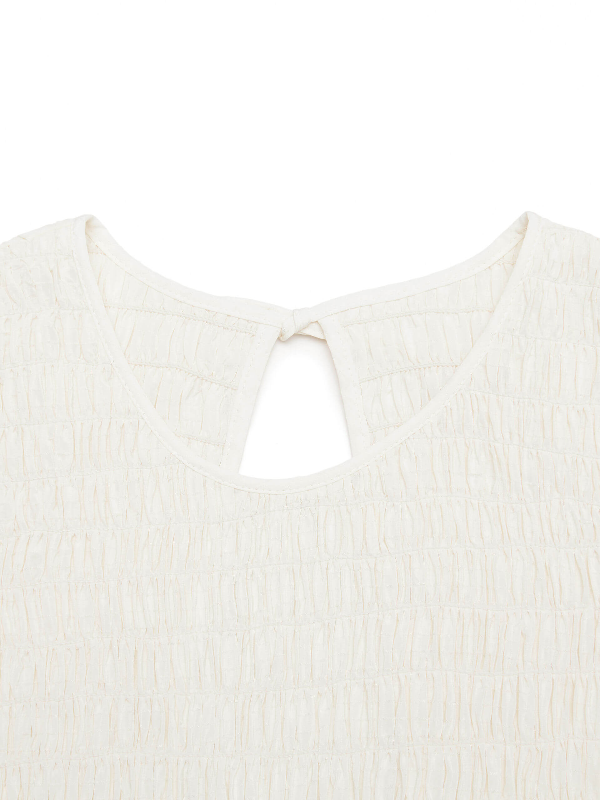 MO&Co. Women's Cut Shoulder Smocked Dress in Beige. It features smocked detailing and shoulder cutouts for a flattering look with a unique, modern feel. Plus crafted from a blend of silk and polyester for an ultra-comfortable fit.