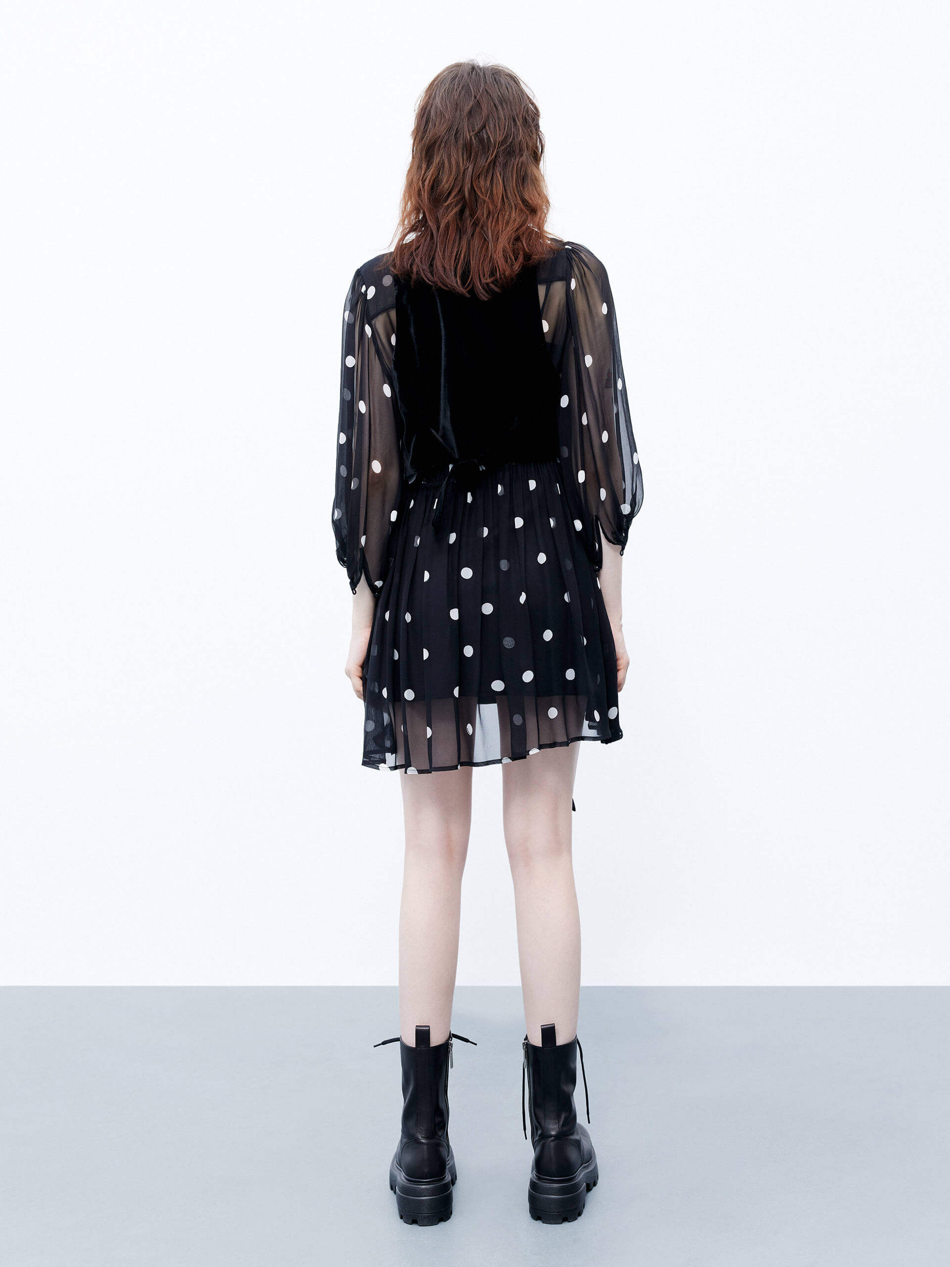 MO&Co. Women's V-Neck White Polka Dot Mini Dress in Sheer Black