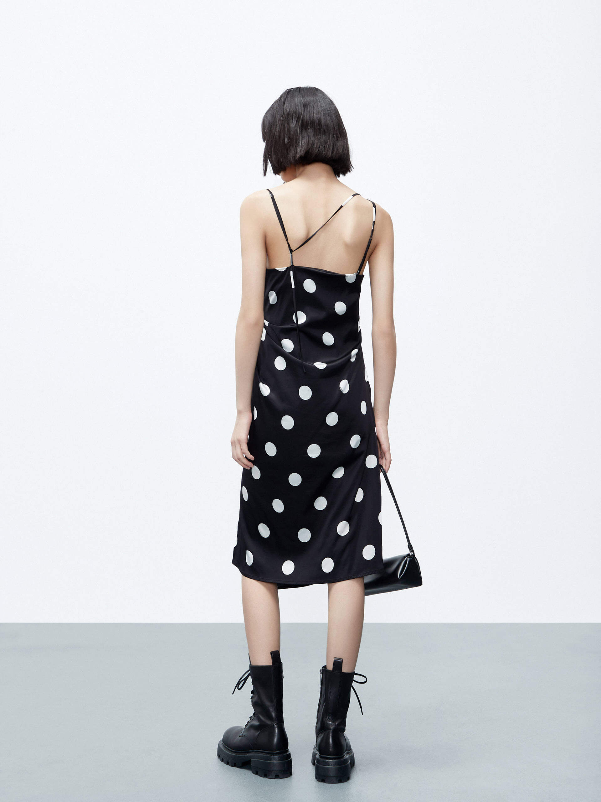 MO&Co. Women's Silk Blend Pleated Cami Dress in Black and White Polka Dot