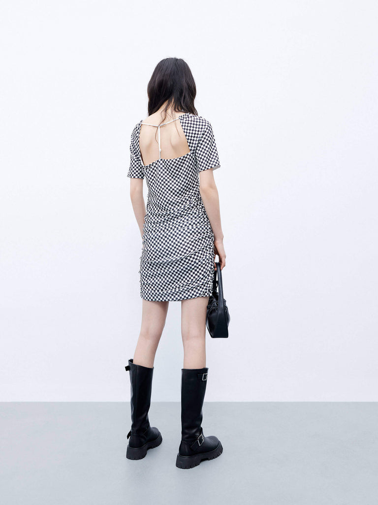 MO&Co. Women's Checkered Open Back Draped Mini Dress