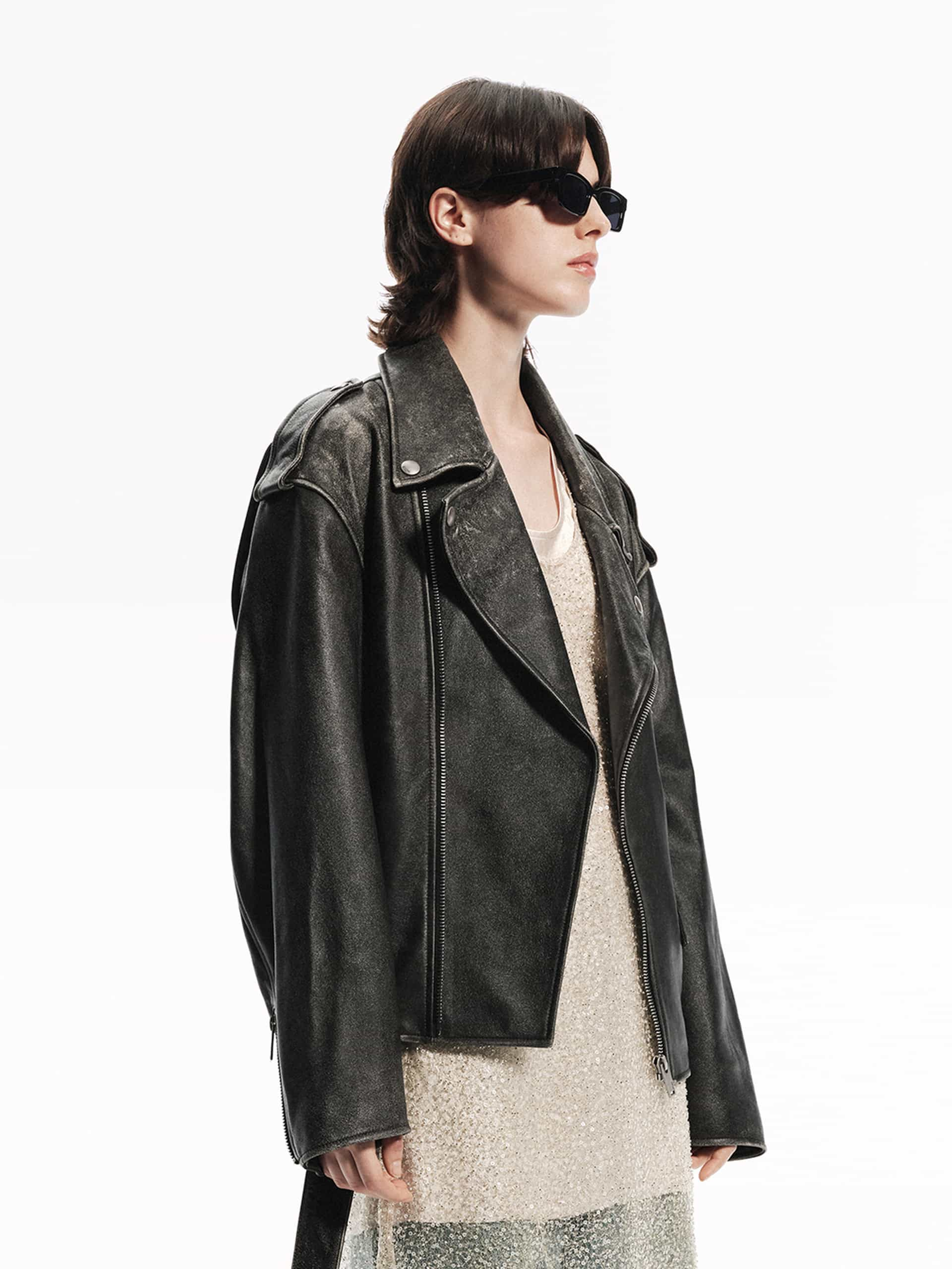 MO&Co. Noir Women's Retro Oversized Ovine Leather Biker Jacket