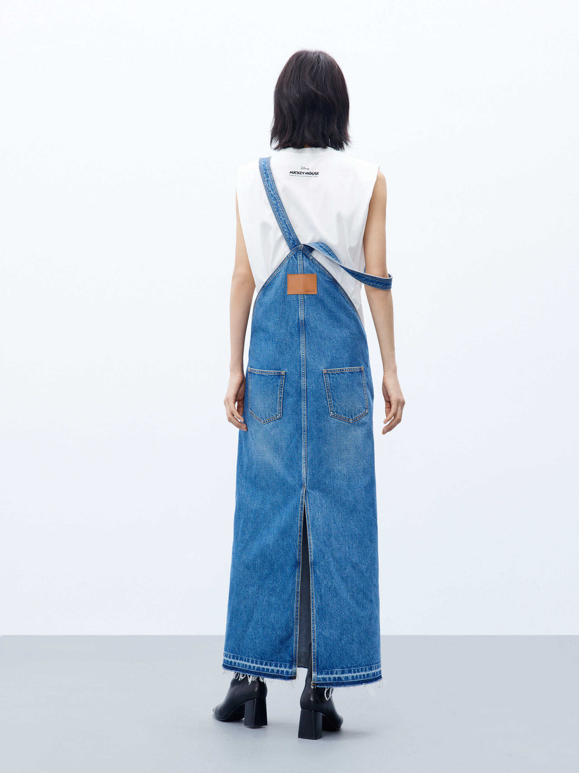 Women's Split Back Cotton Denim Overall Dress in Blue