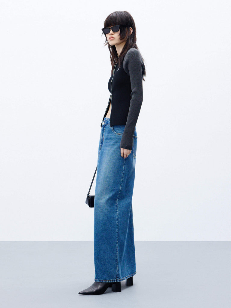MO&Co. Women's Blue Front Split Maxi Denim Skirt boasting an asymmetrical waistband & an eye-catching front slit. With five classic pockets & button & zip closure, this maxi length skirt is a must-have for any event.