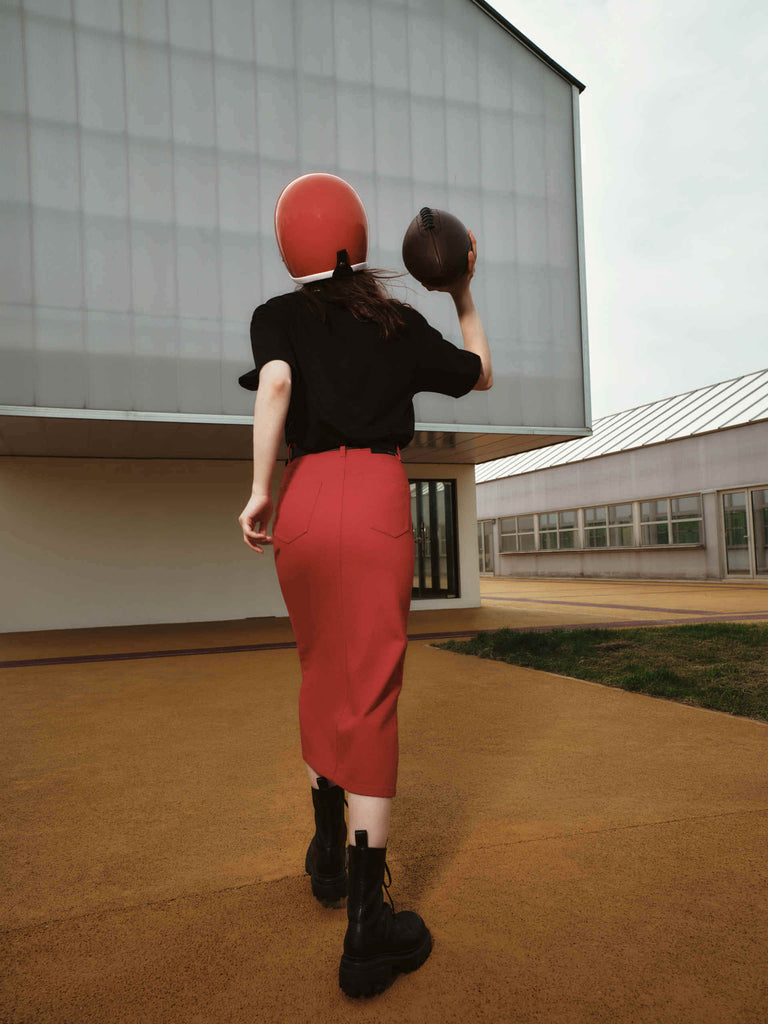 MO&Co. Women's Red Straight Cut Front Slit Cotton Denim Skirt in Midi