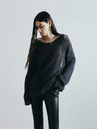 MO&Co. Noir Women's Distressed Sequins Detail Lightweight Loose Sweater in Dark Grey