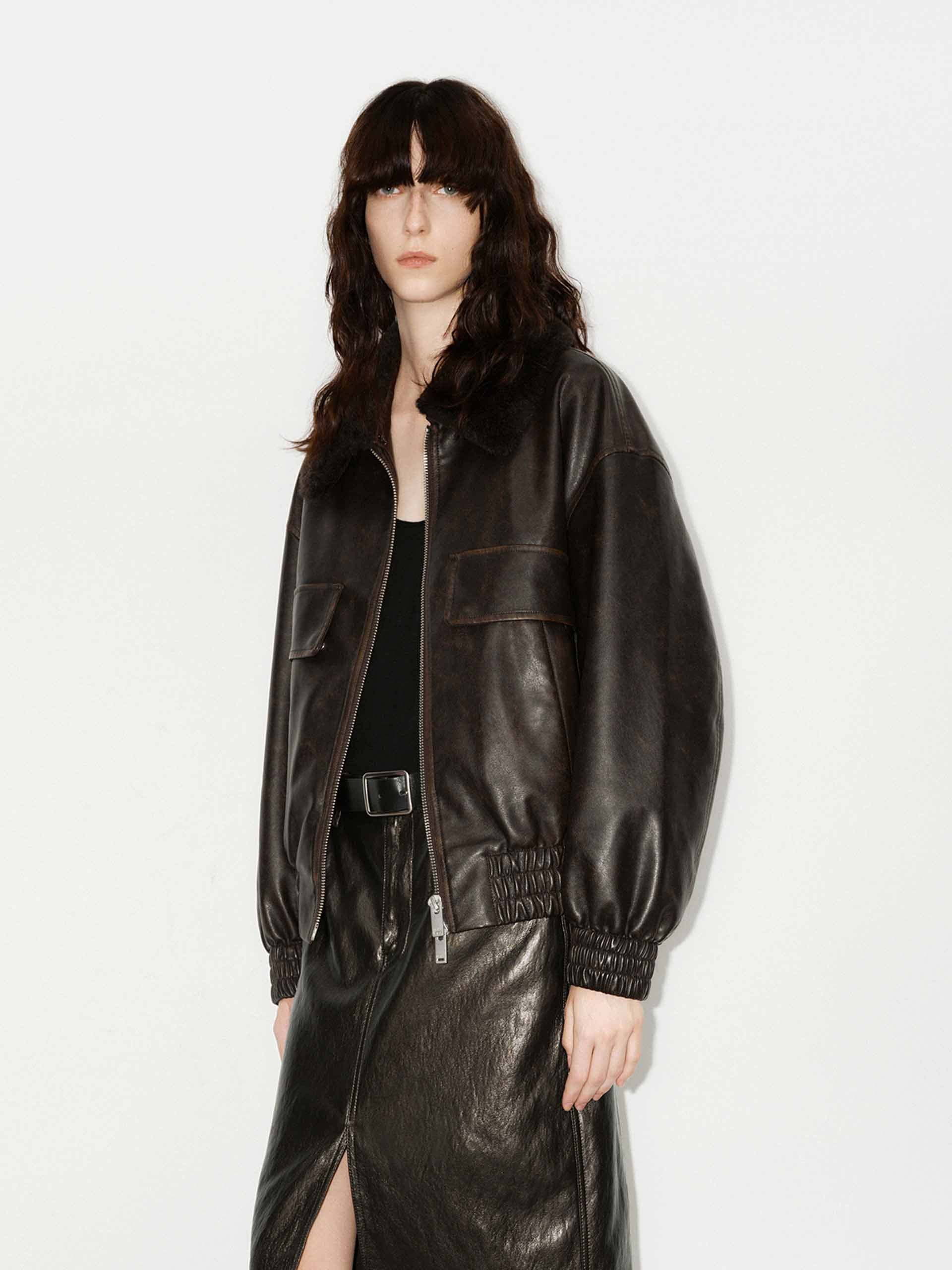 MO&Co. Women's Fur Collar Faux Leather Jacket in Brown