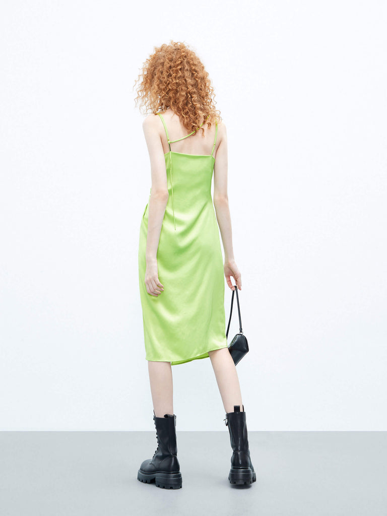 MO&Co. Women's Lime Side Slit Draped Midi Cami Dress