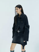 MO&Co. X Coperni Collection | Women's Paneled Open Elbow Black Denim Jacket