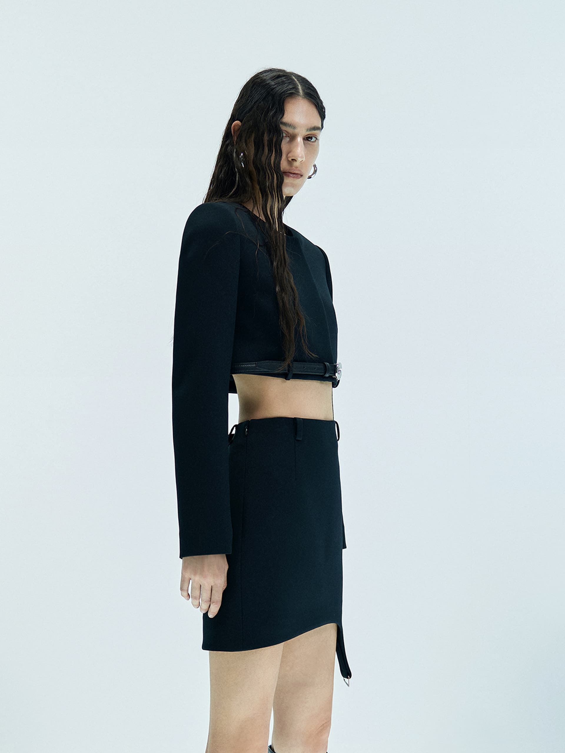 MO&Co. X Coperni Collection | Women's Belted Hem Cropped Jacket in Black