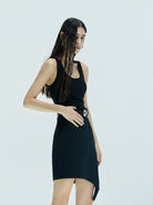 MO&Co. X Coperni Collection | Women's Belted Asymmetric Sleeveless Paneled Dress