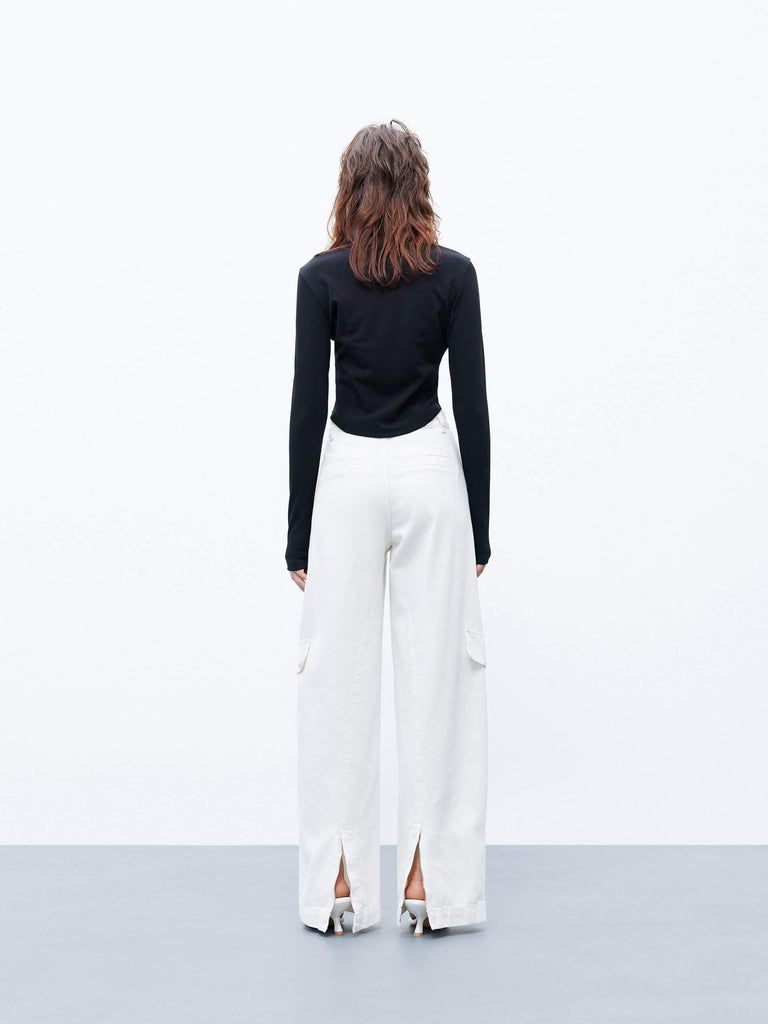 MO&Co. Women's Wide Leg Cotton Denim Cargo Pants in White
