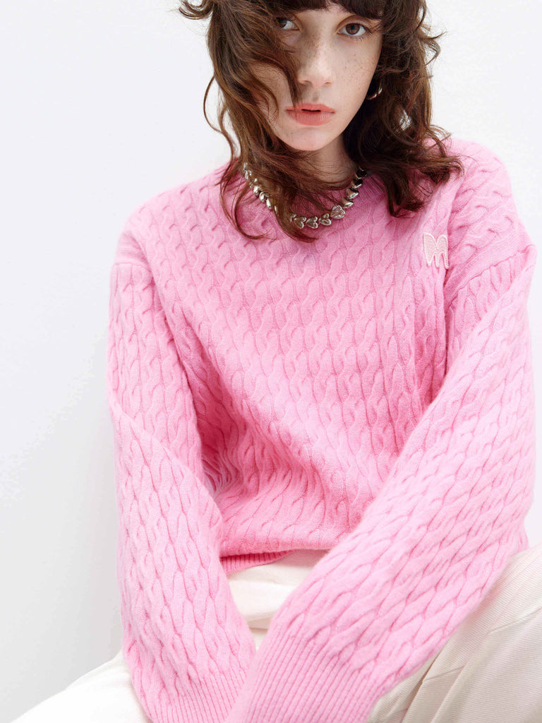 MO&Co. Women's Cable Texture Knit Wool and Cashmere Pullover Sweater in Baby Pink
