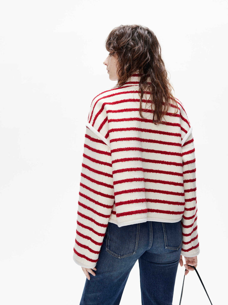MO&Co. Women's Wool Blend Striped Funnel Neck Coat in Red and Cream