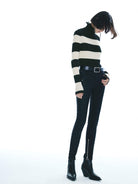 MO&Co. Noir Women's Include Mohair Wool Turtleneck Striped Top with Raw Neckline, cuffs and Hem