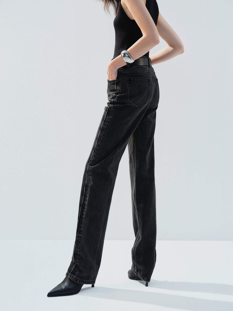 MO&Co. Noir Women's High Waist Black Straight Jeans Cotton features a regular fit, straight leg, and full length, these jeans also offer a button fly, five-pocket design, and a chic side-washed faded effect. 