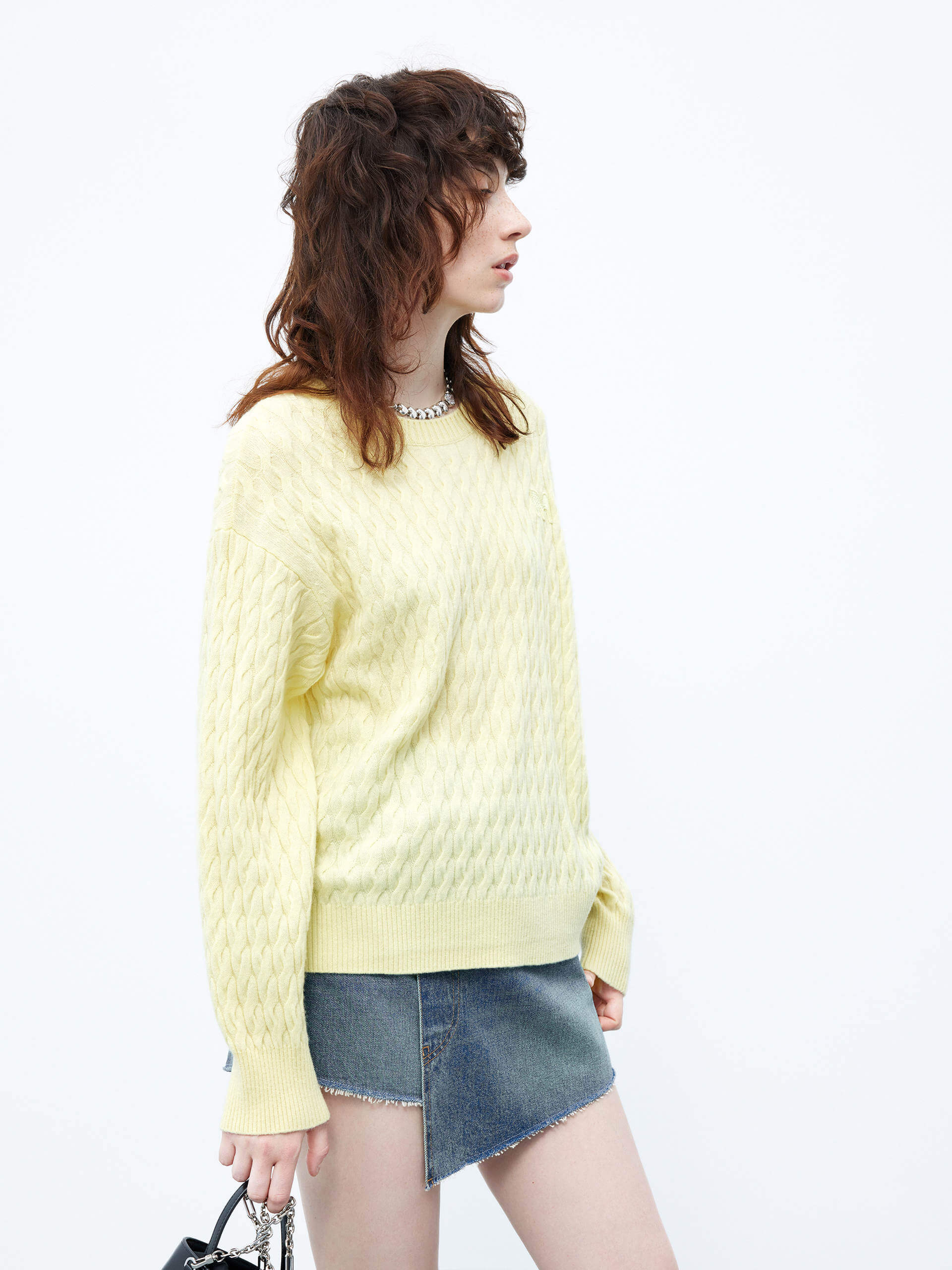 MO&Co. Women's Cable Texture Knit Wool and Cashmere Pullover Sweater in Yellow