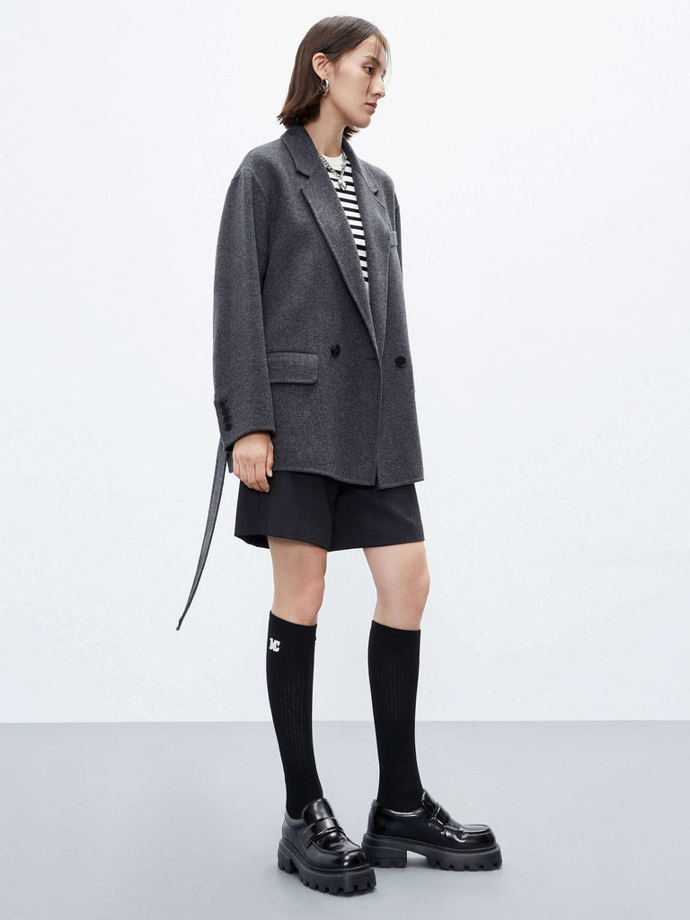 MO&Co. Women's Grey Wool Structured Blazer Coat with Belt Autumn