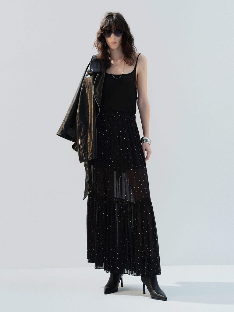 MO&Co. Noir Women's Polka-dot Silk Maxi Flowy Skirt Elegant and A-line