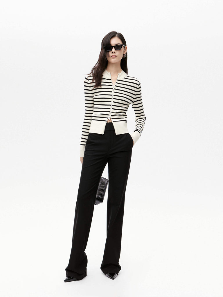 MO&Co. Women's Zip Up Wool Blend Slim Fit Knitted Cardigan in Black and White Striped