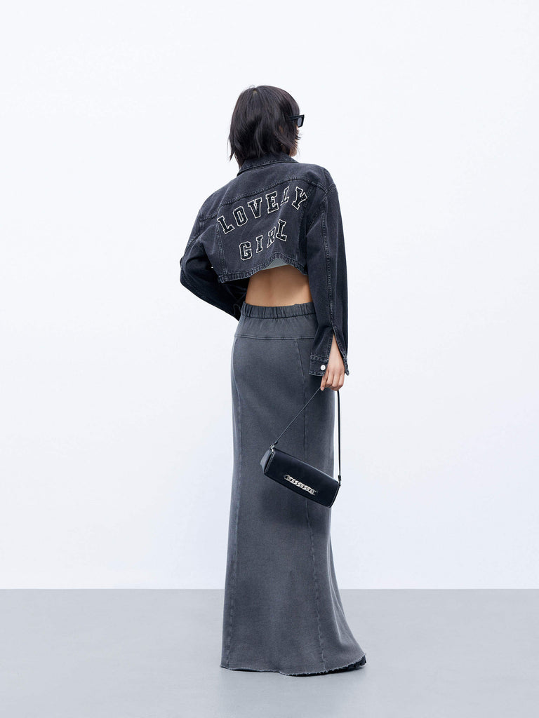 MO&Co. Women's Back Sequin Embroidered Crop Denim Jacket in Washed Black