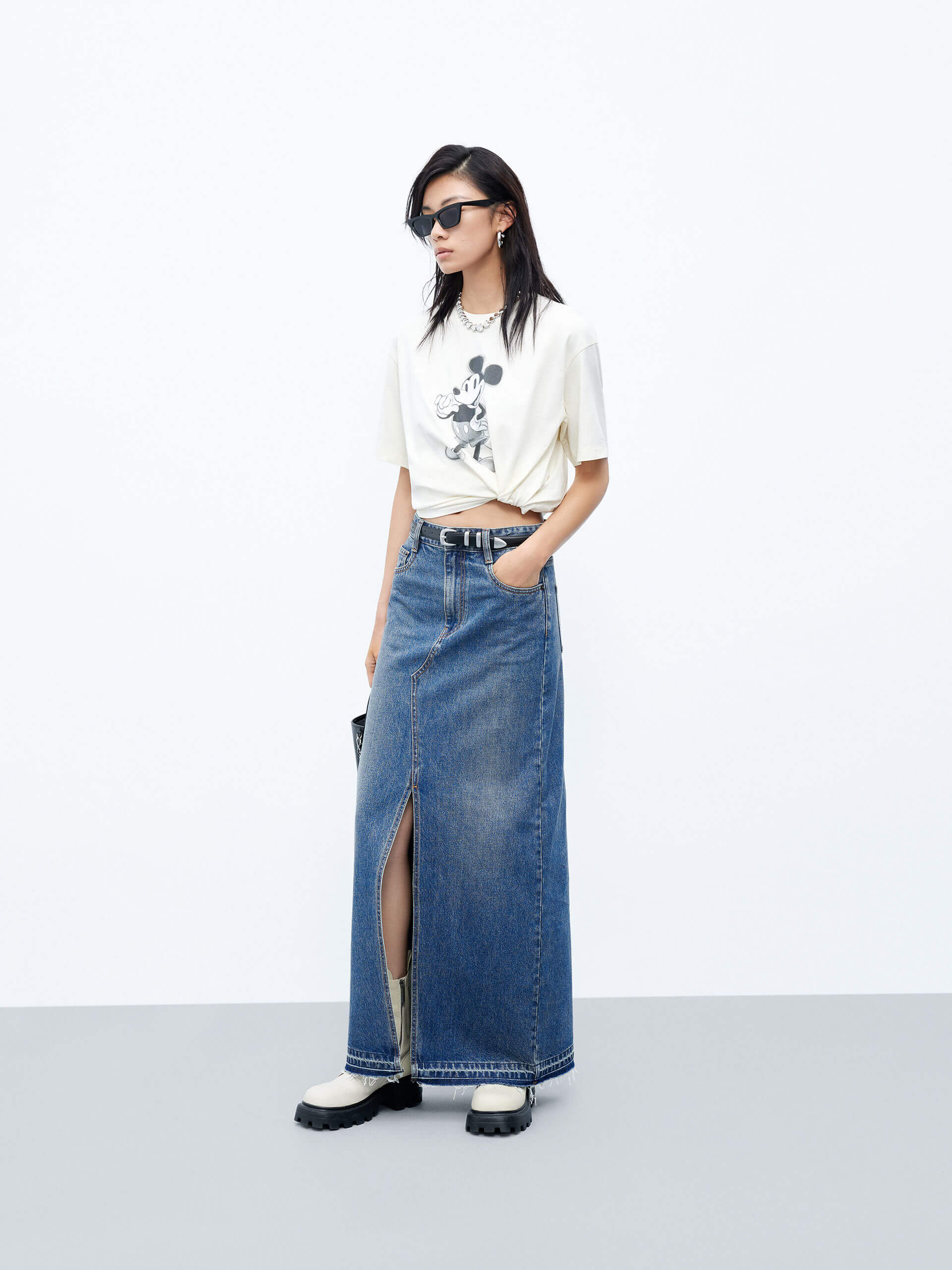 MO&Co. Women's Blue Front Slit Maxi Denim Skirt in Cotton