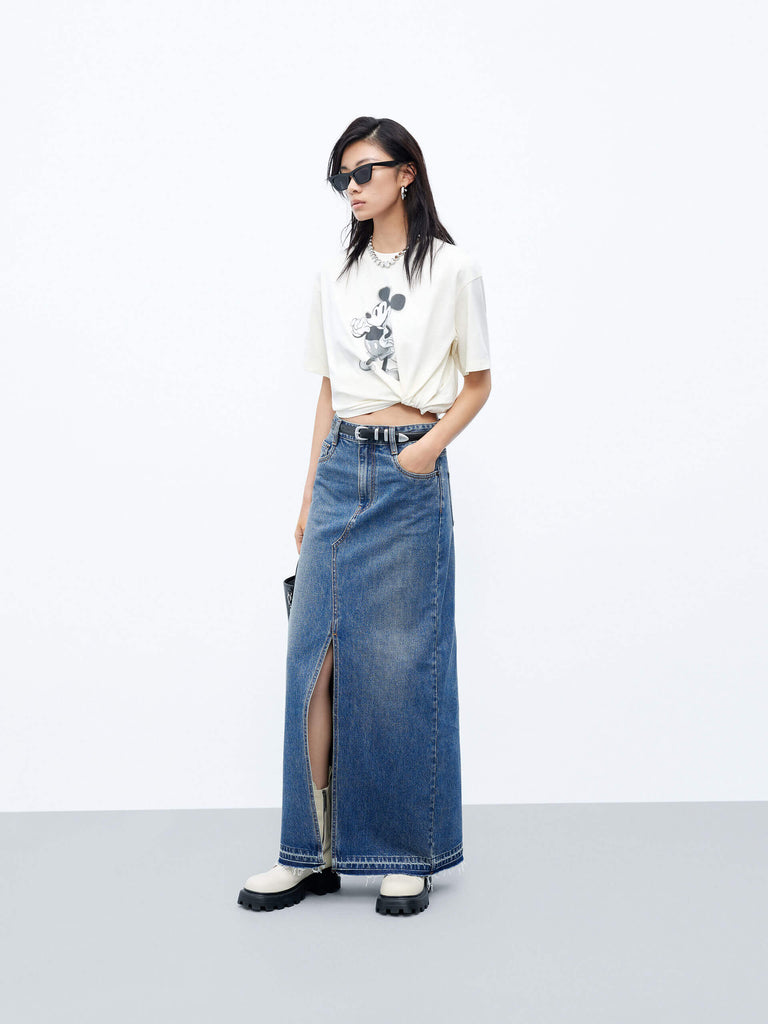 MO&Co. Women's Blue Front Slit Maxi Denim Skirt in Cotton