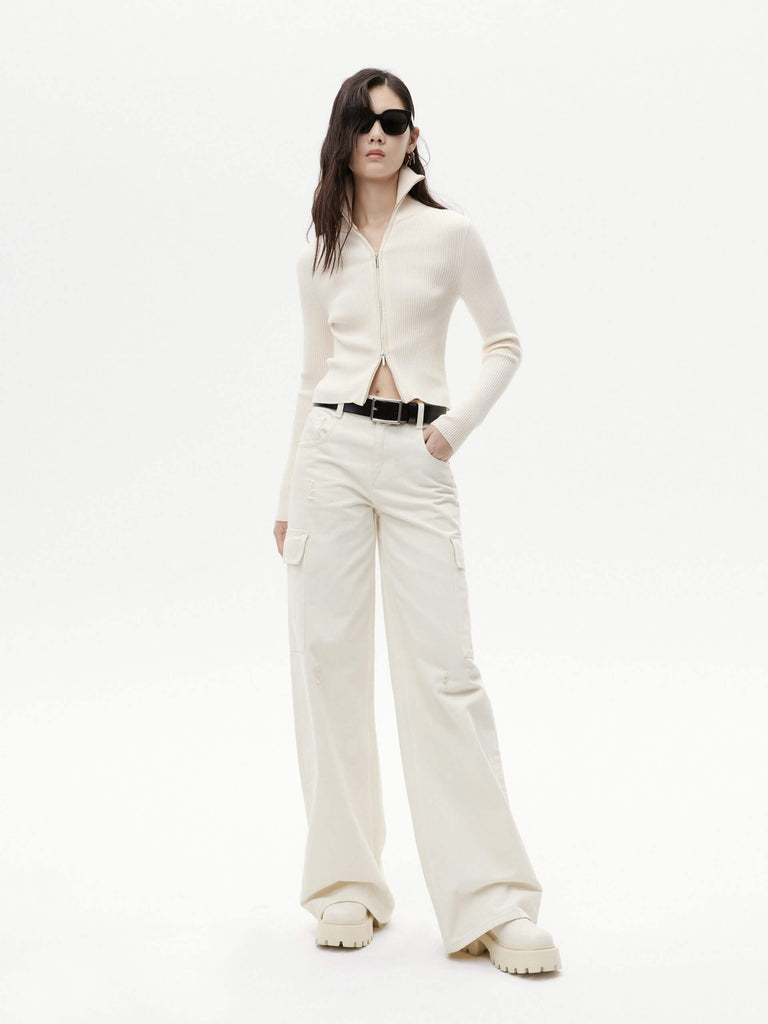MO&Co. Women's White Full Length Wide Leg Cargo Jeans in Cotton