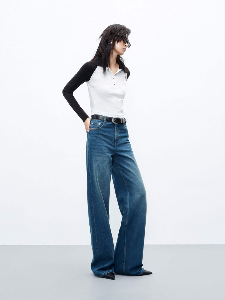 MO&Co. Women's Cotton Blend Contrasting Long Raglan Sleeve Slim T-Shirt