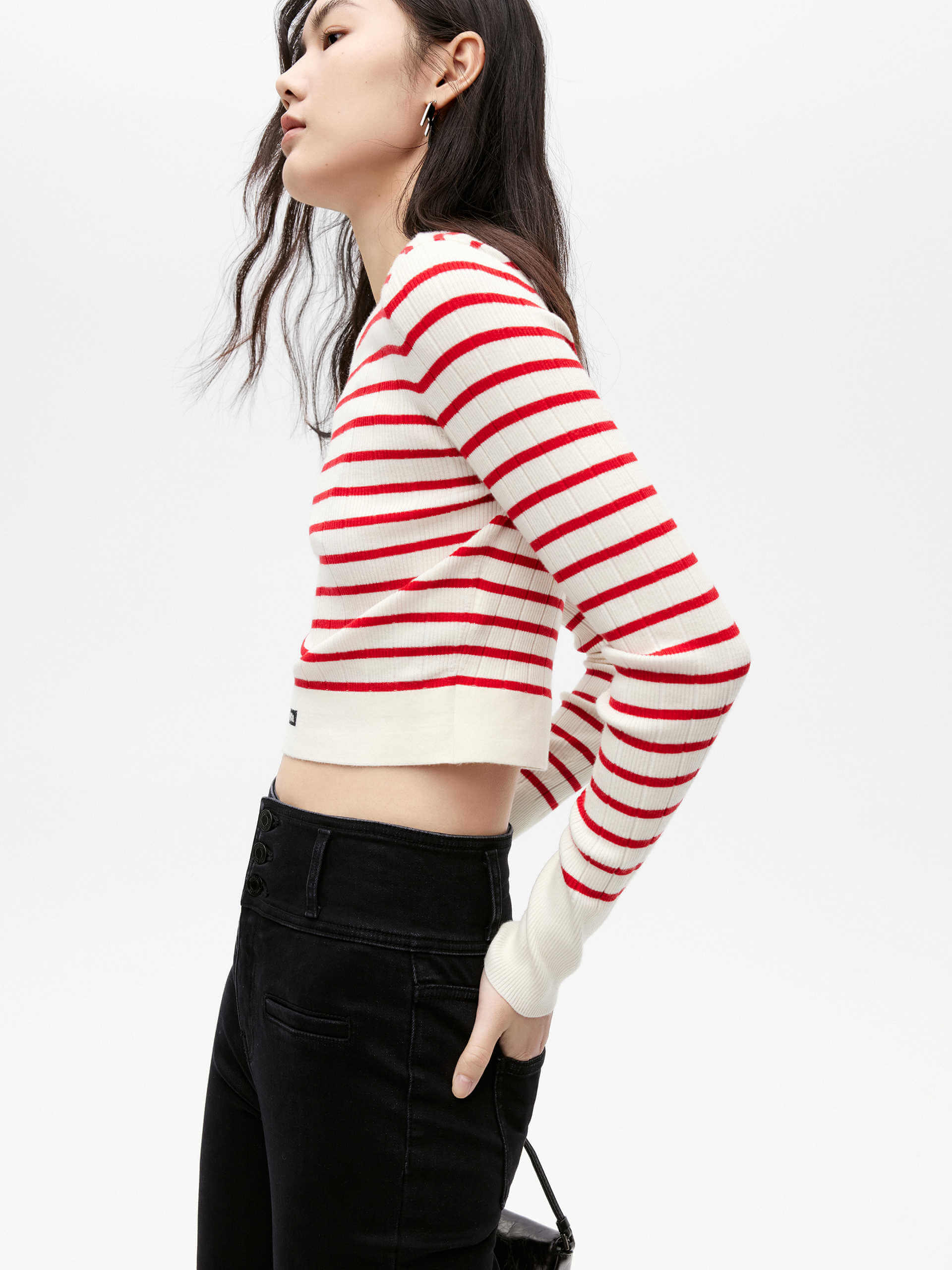 MO&Co. Women's Cropped Tight Fit Striped Rib Knit Top Long Sleeves in White and Red